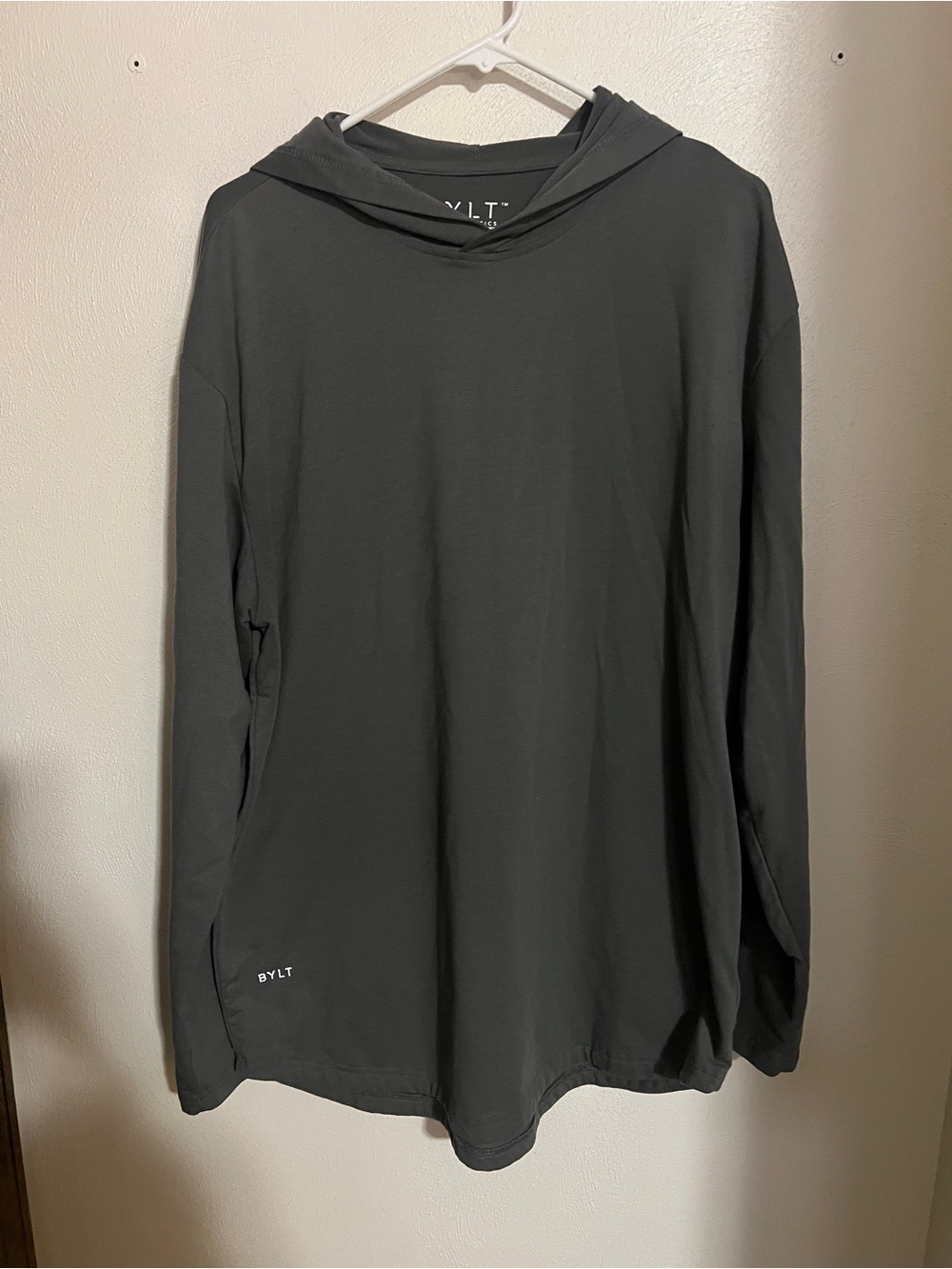 BYLT Classic Drop Cut Long Sleeve Hooded T Shirt 4 Way Stretch Grey Men's Sz XL